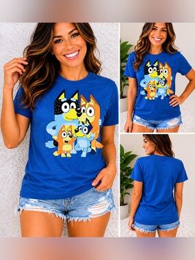 Bluey Family Graphic Tee Shirt Medium Blue Cartoon Character 100% Cotton